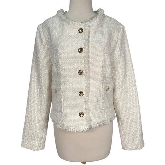 Rachel Zoe White Tweed Fringe Blazer Jacket Gold Buttons Large Quiet Luxury - Picture 10 of 11
